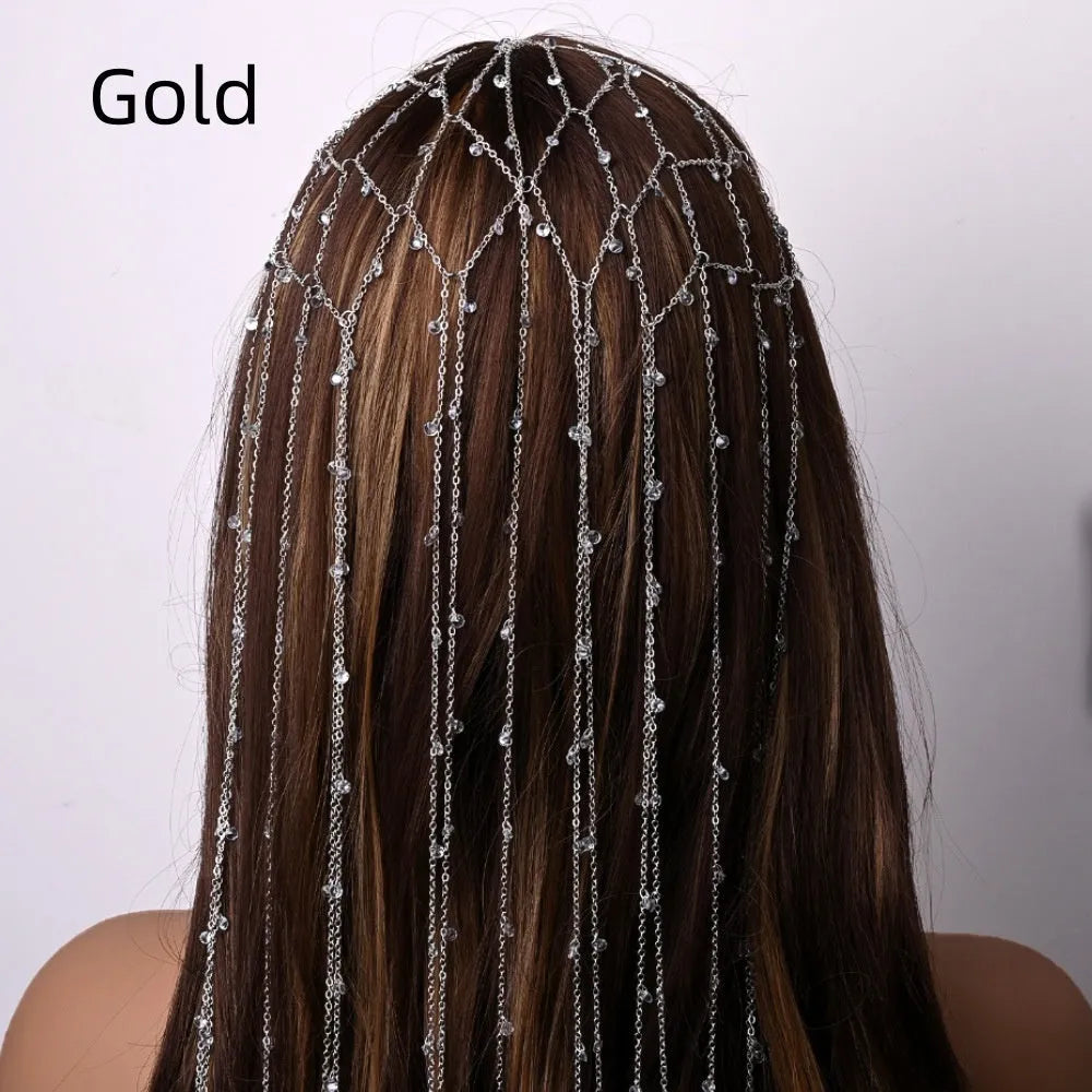 Gold mesh tassel headband with central rhinestone cluster for formal hairstyles