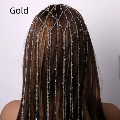 Gold mesh tassel headband with central rhinestone cluster for formal hairstyles