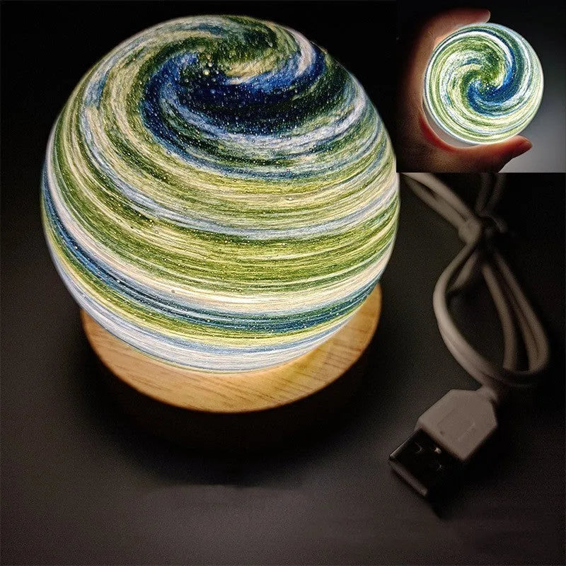 Planet night light with USB cable and base, showing 80mm model and three-colour dimming options