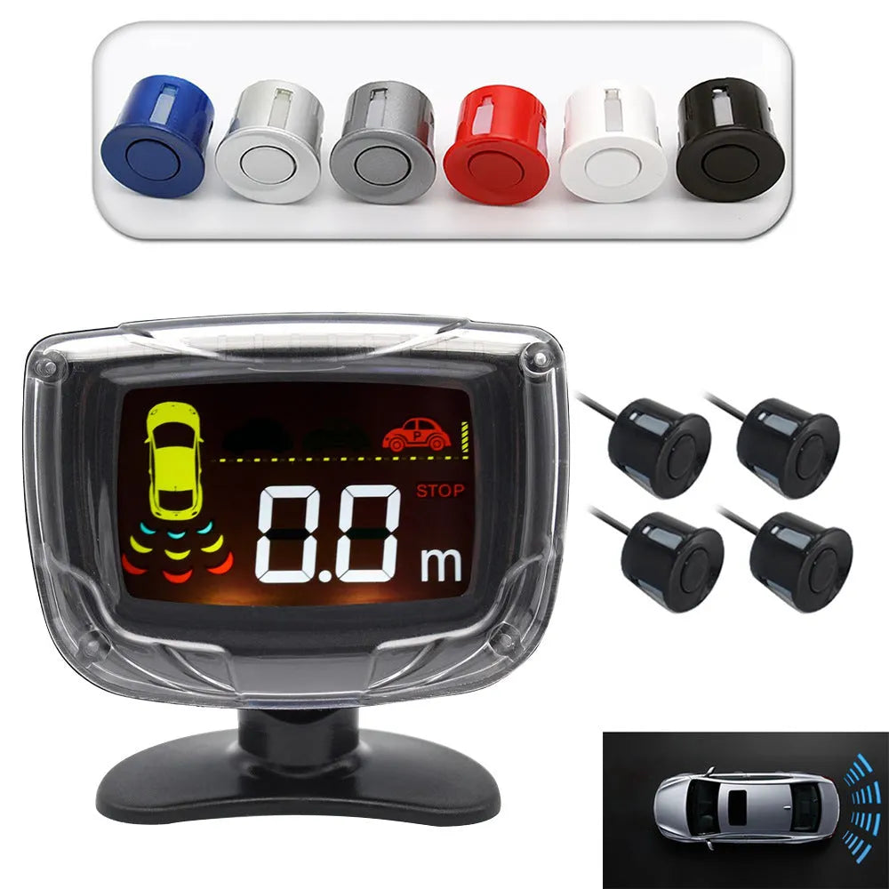 Wireless reversing sensor system showing main display unit, four embedded probes, and installation accessories.