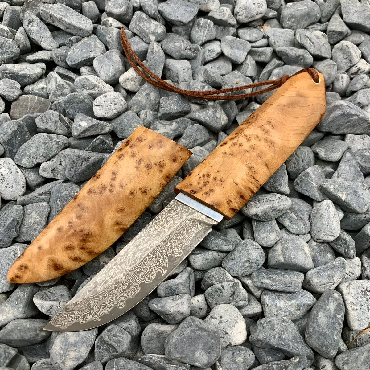 Outdoor Damascus pattern steel short knife with Thuja wood handle measuring 18cm