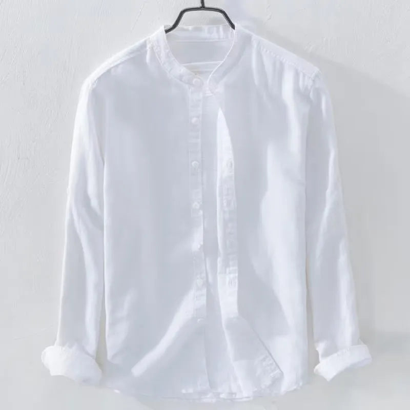 Loose fit long sleeve casual shirt in cotton linen fabric, shown in a solid colour.