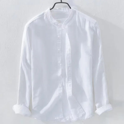 Loose fit long sleeve casual shirt in cotton linen fabric, shown in a solid colour.