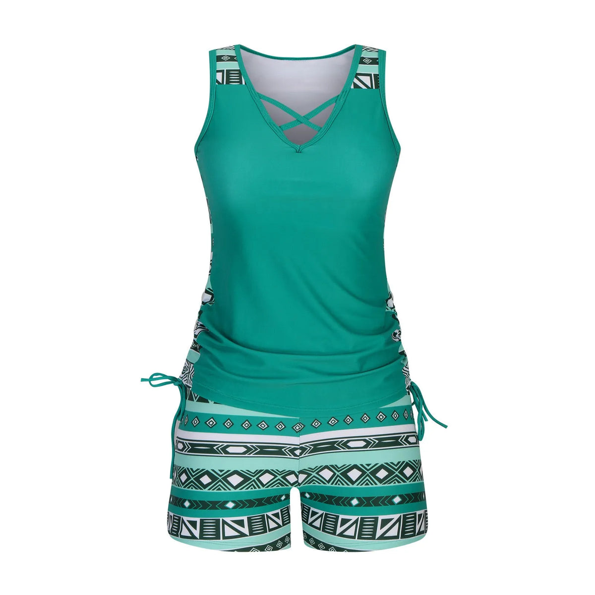 Women's separate swimsuit set showing knotted bikini top and high-waisted briefs in multiple colour options