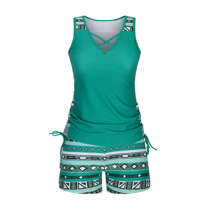 Women's separate swimsuit set showing knotted bikini top and high-waisted briefs in multiple colour options
