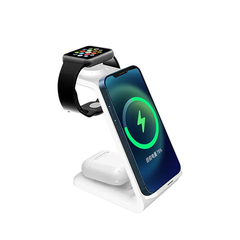 White 3-in-1 wireless charging station with phone upright in holder, watch and earbuds on charging pads