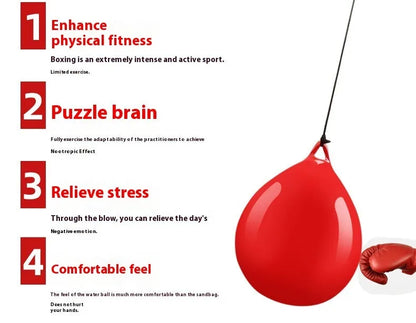 Red water-filled PVC boxing reaction ball with hook rope for hanging speed training drills.