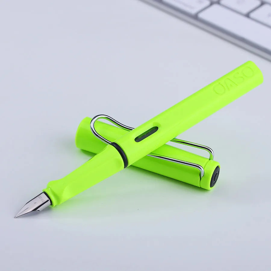 A 0.5mm ink sac pen with a steel nib, plastic shell, and ink bag cartridge visible.