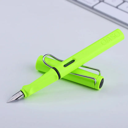 A 0.5mm ink sac pen with a steel nib, plastic shell, and ink bag cartridge visible.