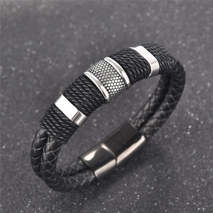 Men's black braid woven leather and titanium stainless steel bracelet