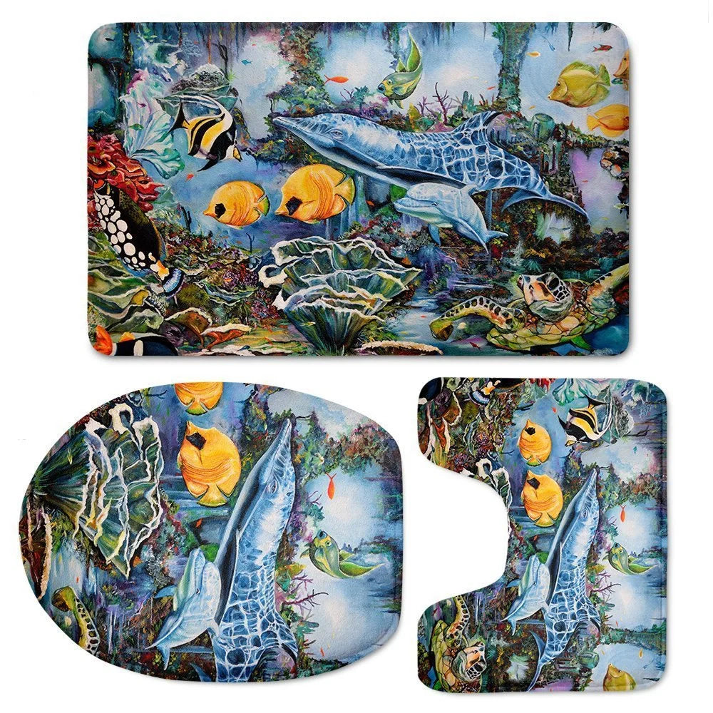 Custom 3D style bathroom set with flannel mats and toilet seat cover