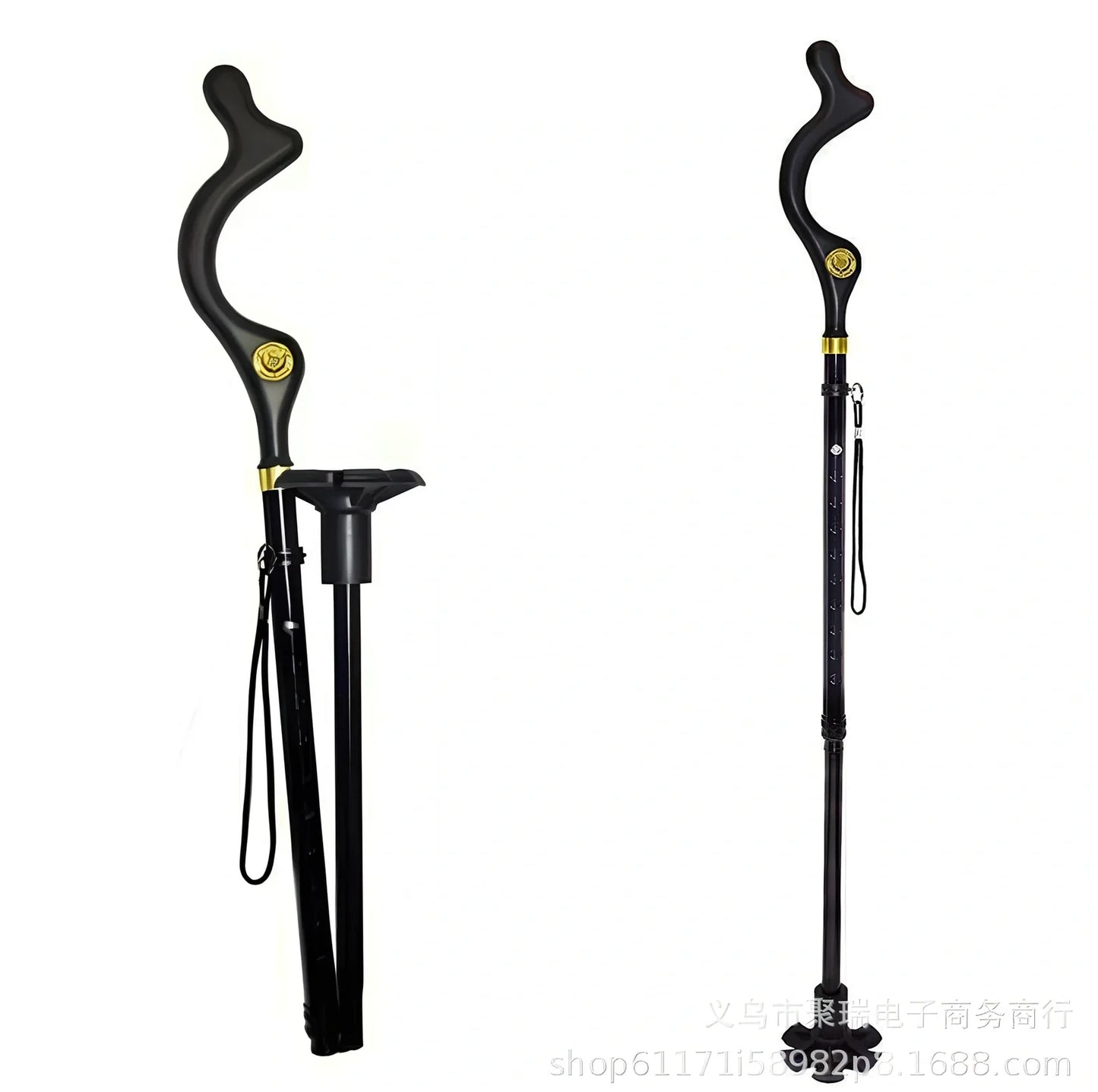 Telescopic folding walking stick with ergonomic handle and six rubber tips for stability