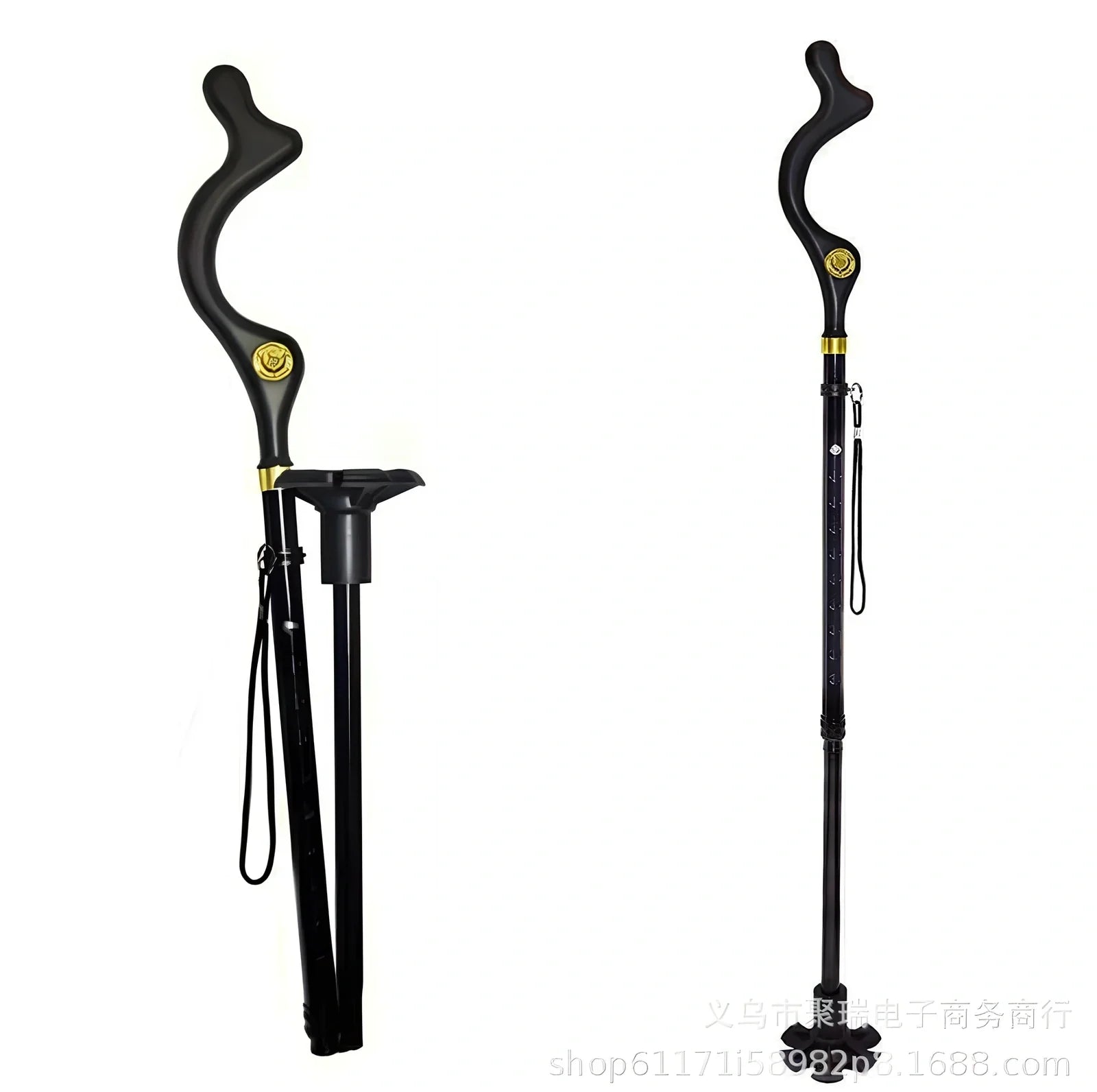 Telescopic folding walking stick with ergonomic handle and six rubber tips for stability