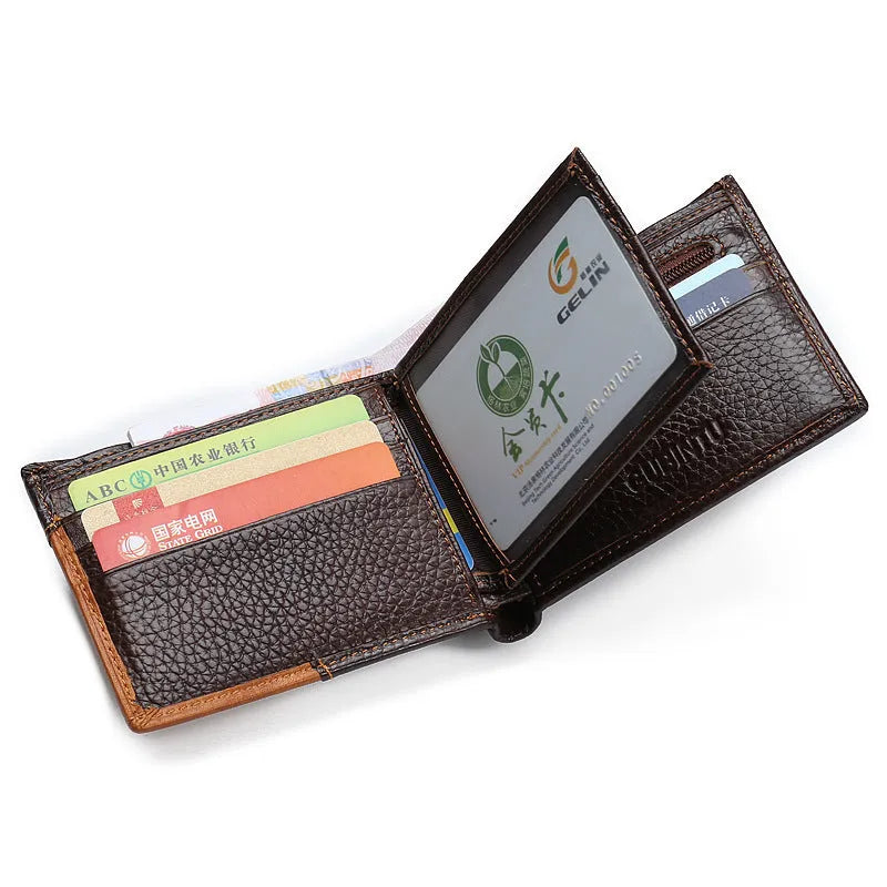 Brown leather wallet with car stitching, open to show bill holder, card slots, and zipper compartment