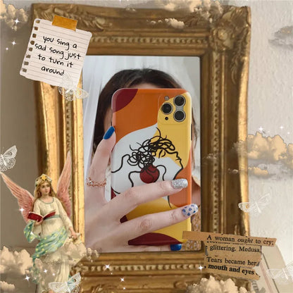 Orange yellow soft glue iPhone case with line art cartoon design for Apple iPhone 11 Pro Max.