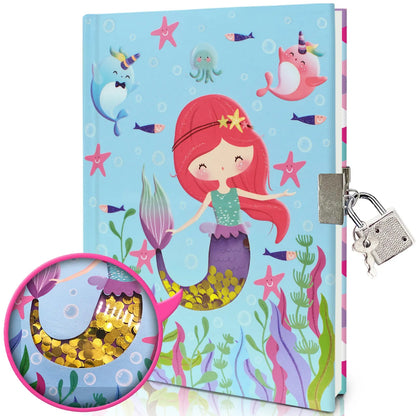Children's mermaid printed notebook with lock, paper cover, thread binding, and 80 sheets of 70gsm raw wood pulp paper.