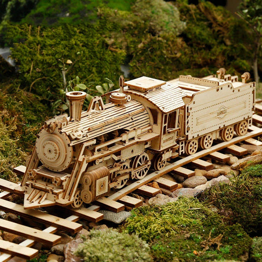 Premium model wooden train kit with 308 precision-cut wooden pieces for a rewarding DIY assembly project