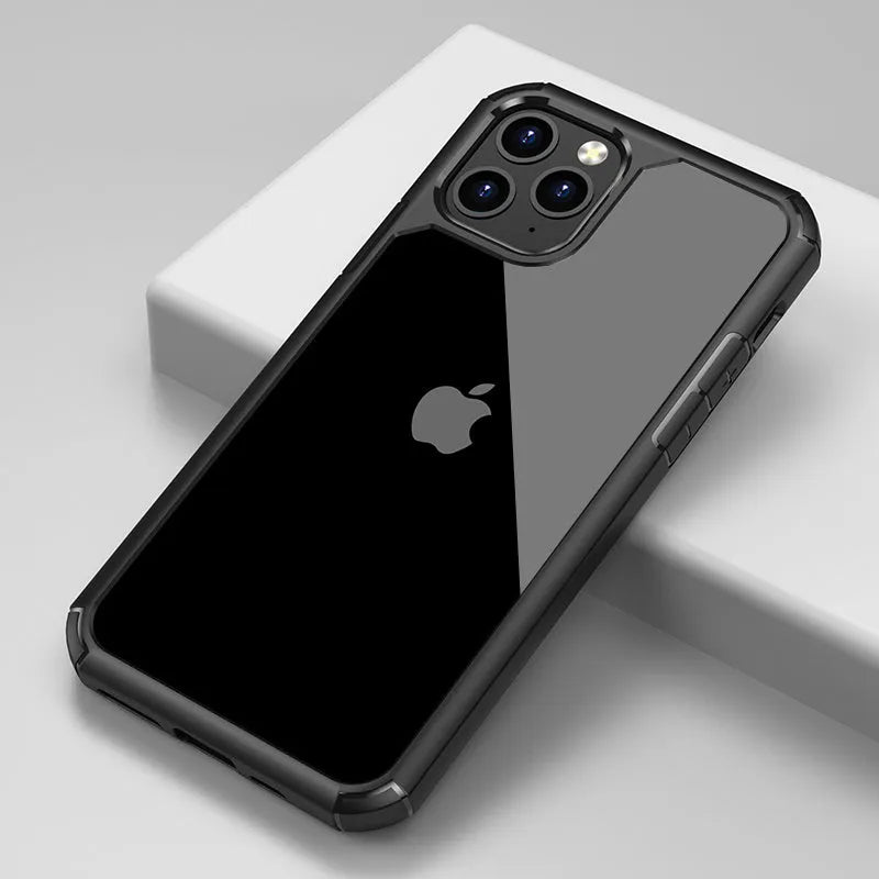 Transparent anti-fall phone case showing red, green and black colour options for iPhone and Samsung Galaxy models