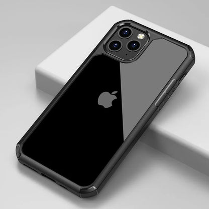Transparent anti-fall phone case showing red, green and black colour options for iPhone and Samsung Galaxy models