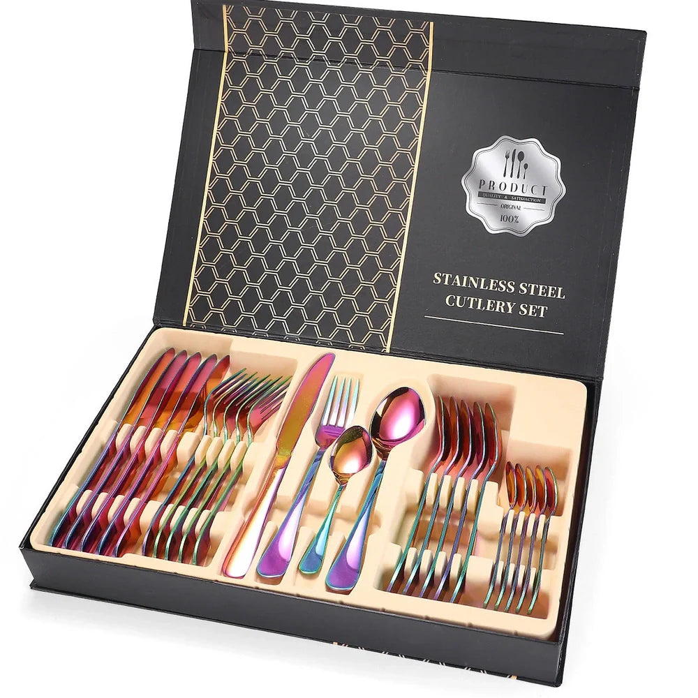 24-piece 18/10 stainless steel cutlery set in silver finish with knives, forks, spoons for six, optional wood box storage