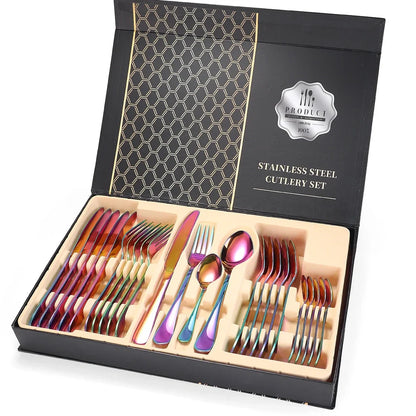 24-piece 18/10 stainless steel cutlery set in silver finish with knives, forks, spoons for six, optional wood box storage