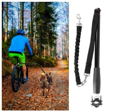 Bicycle walking dog leash with stainless steel rod and black rubber band polyester yarn belt