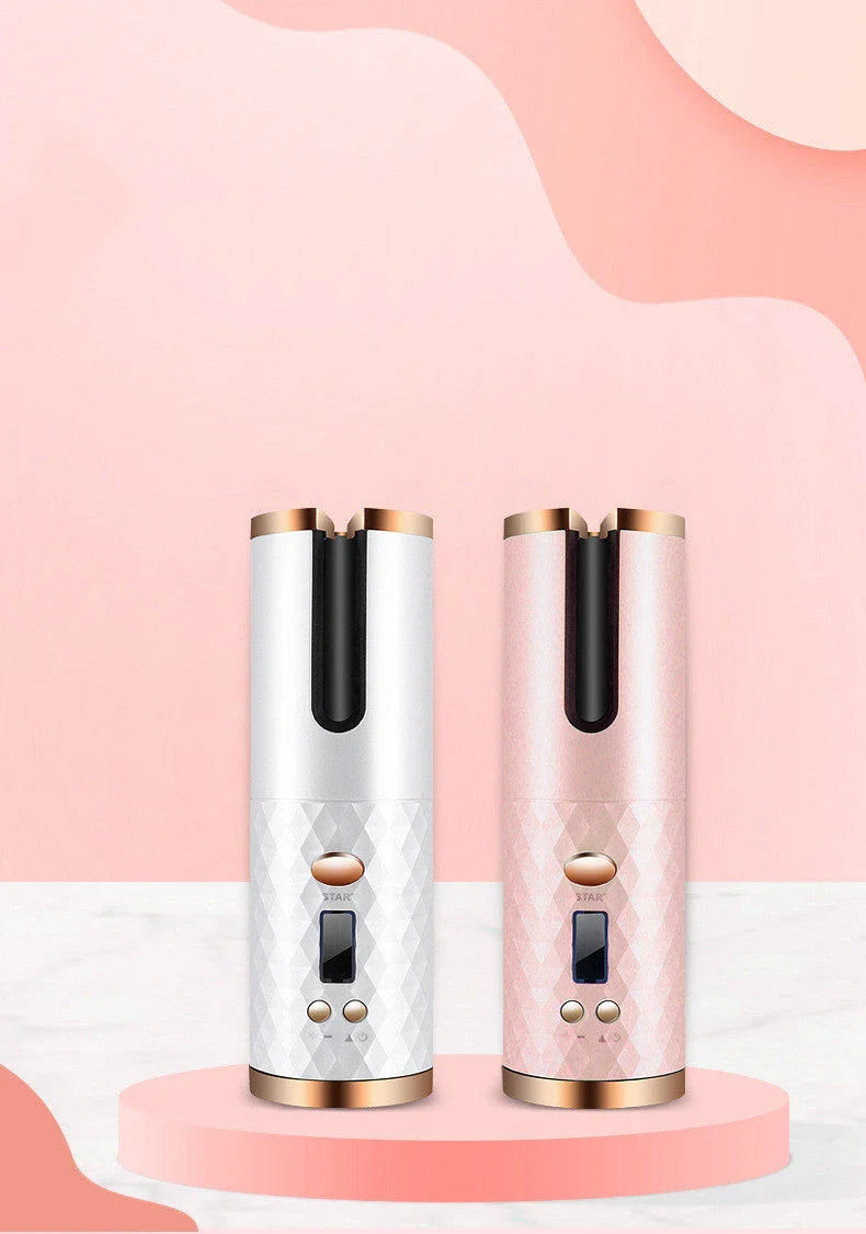 Cordless automatic hair curler with ceramic barrel, multi-directional curl capabilities, and rechargeable battery for salon-quality curls anytime, anywhere.
