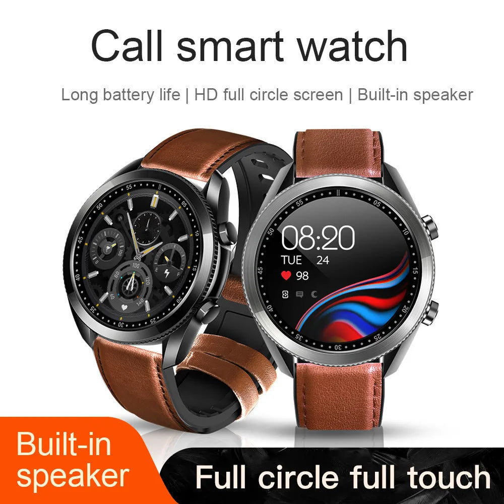 UM90 black smartwatch with leather strap showing large screen displaying heart rate and call function.