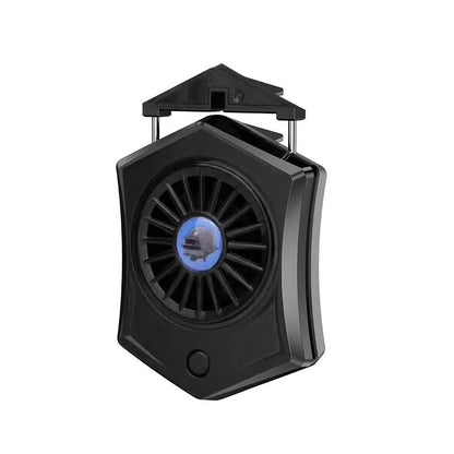 Black aluminium USB mobile phone cooler clipped onto a smartphone