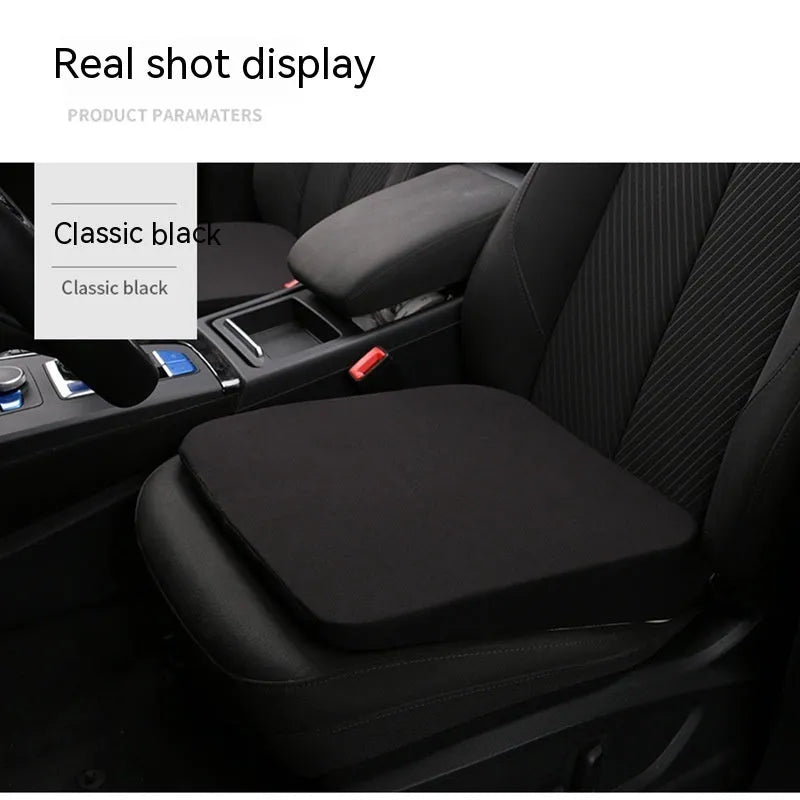 Black car seat cushion with thick butt support measuring approximately 42 x 39 x 6 cm