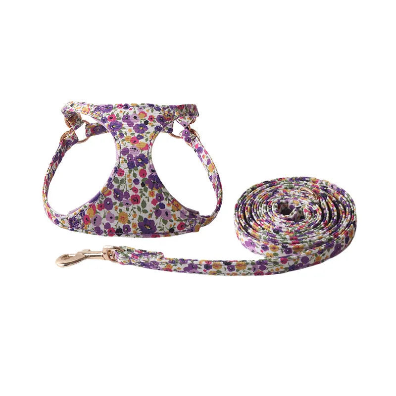 Orange cloth dog harness and leash set from the floral series, showing the single chest back design.