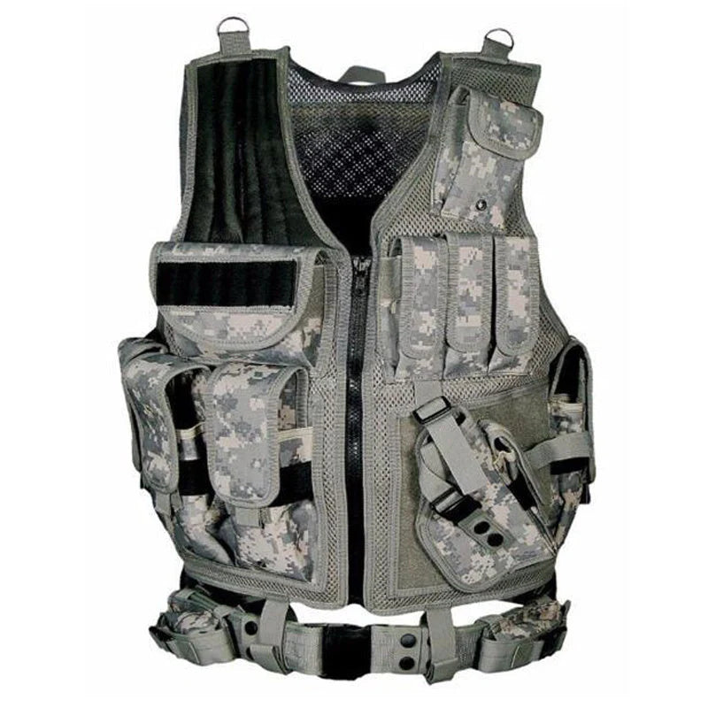 Durable tactical vest for military, airsoft, and outdoor activities with multiple pockets and adjustable straps