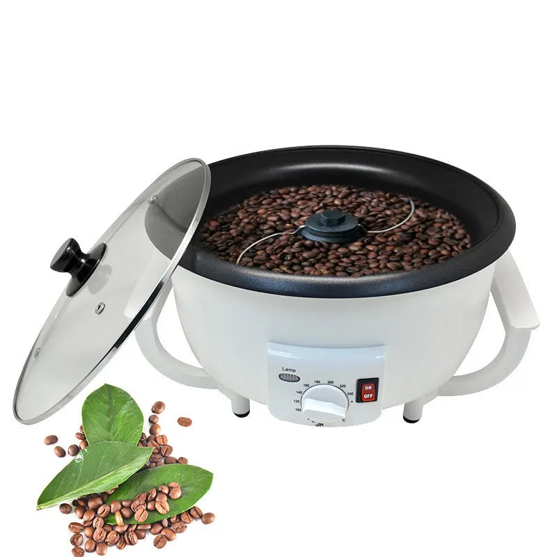 White oblate coffee bean roasting machine with transparent viewing window and 225mm base diameter