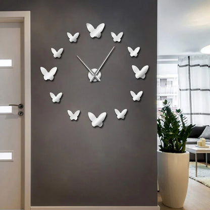 Round 30cm mirror wall clock with raised butterfly design showing time display