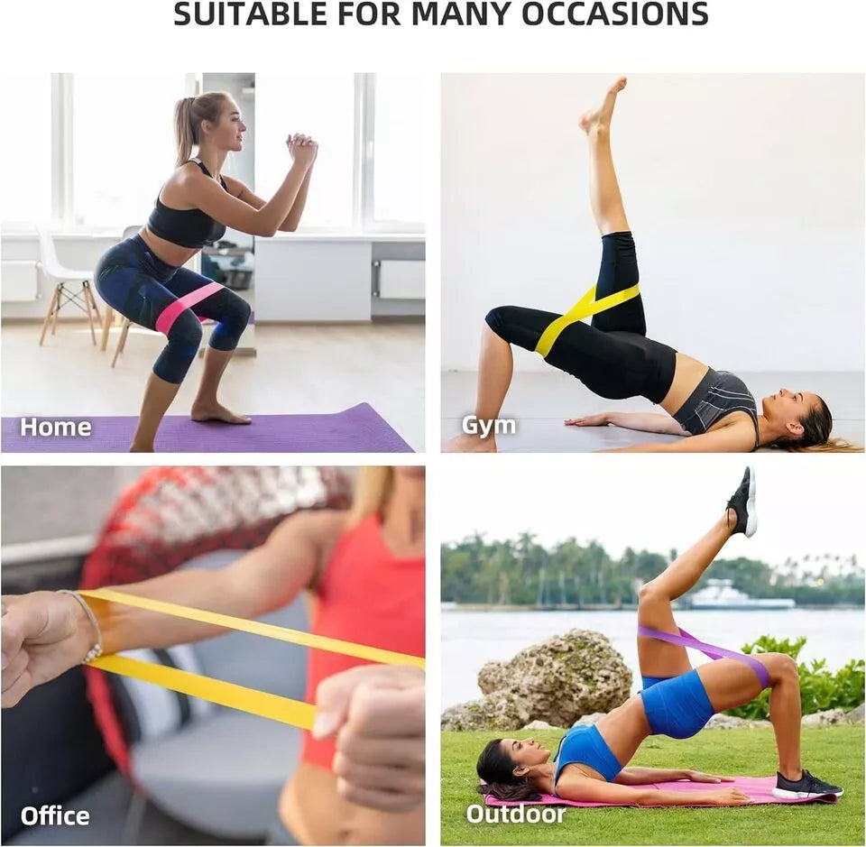 Set of 5 color-coded resistance loop bands for home fitness and therapy