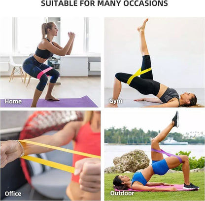 Set of 5 color-coded resistance loop bands for home fitness and therapy