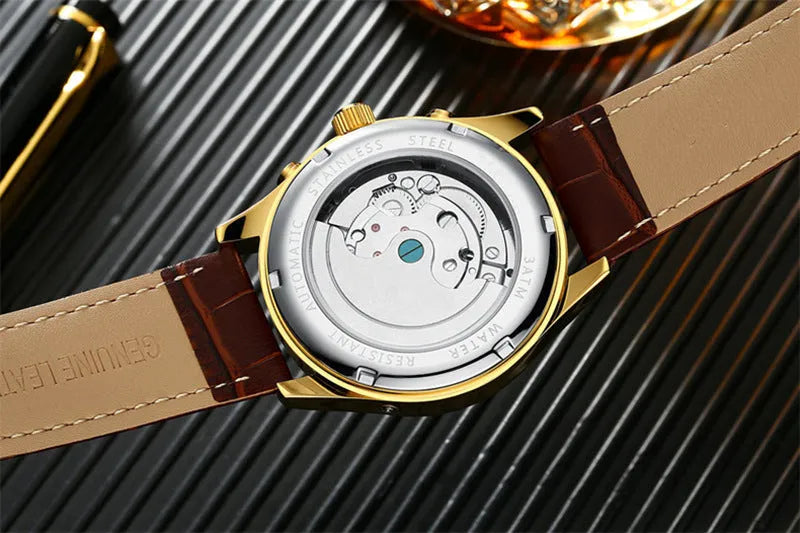 Men's automatic hollow tourbillon mechanical watch, 42mm alloy case, leather band, black or brown