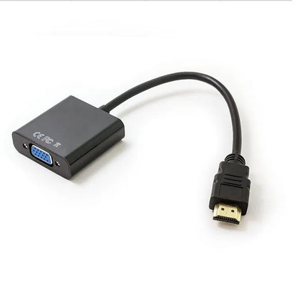 Black HDMI to VGA converter cable showing HDMI male connector and VGA female port