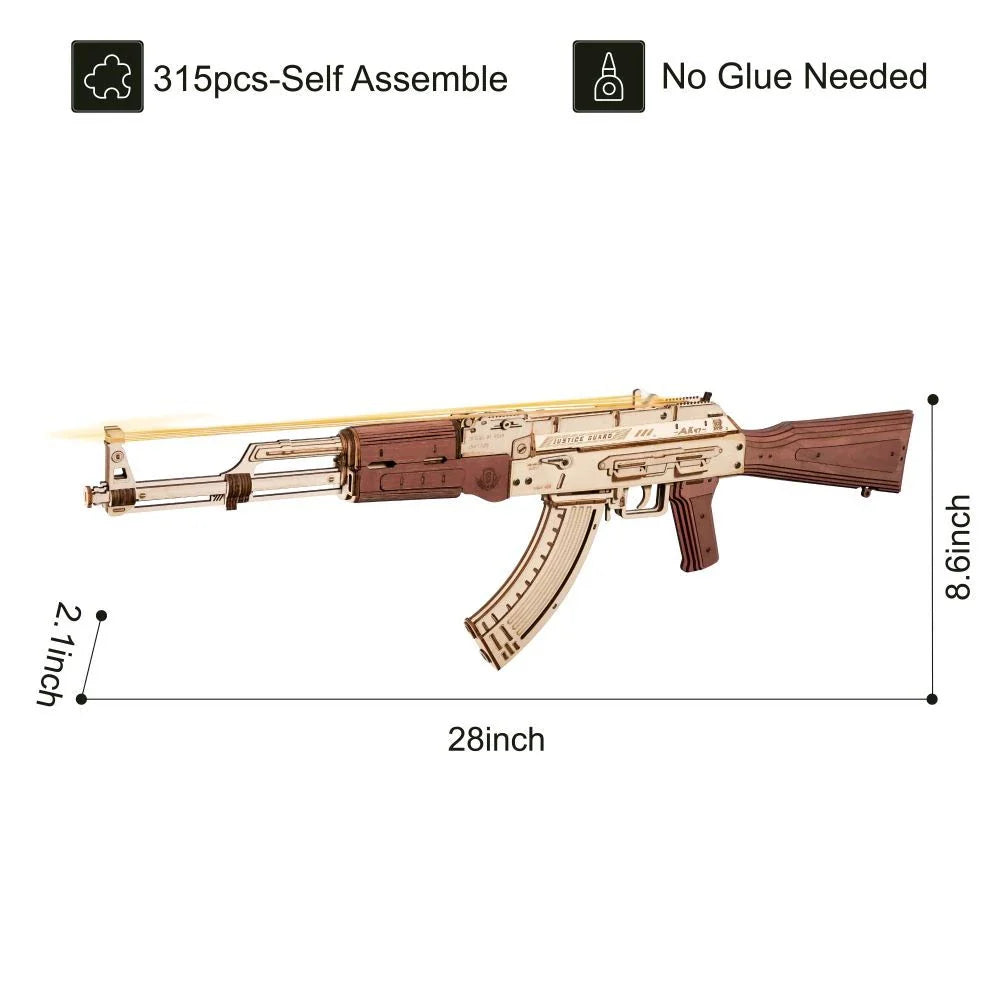 Authentic wooden AK-47 rifle replica with a dark wood grain finish, featuring a detachable magazine and dual firing modes for single-shot and continuous fire