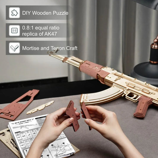 Authentic wooden AK-47 rifle replica with a dark wood grain finish, featuring a detachable magazine and dual firing modes for single-shot and continuous fire