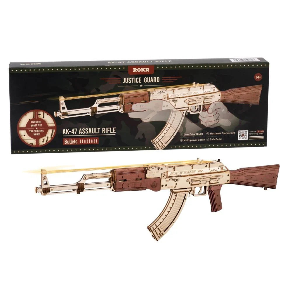 Authentic wooden AK-47 rifle replica with a dark wood grain finish, featuring a detachable magazine and dual firing modes for single-shot and continuous fire