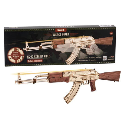 Authentic wooden AK-47 rifle replica with a dark wood grain finish, featuring a detachable magazine and dual firing modes for single-shot and continuous fire