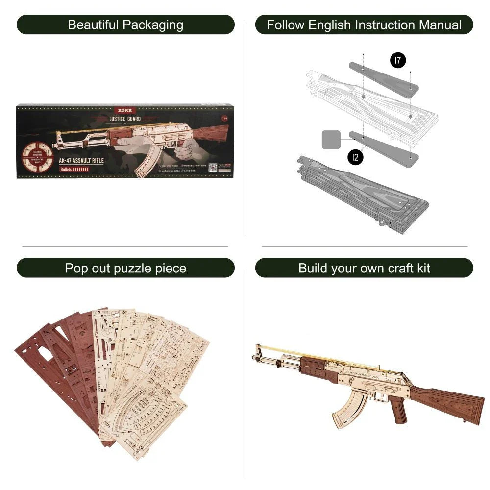 Authentic wooden AK-47 rifle replica with a dark wood grain finish, featuring a detachable magazine and dual firing modes for single-shot and continuous fire