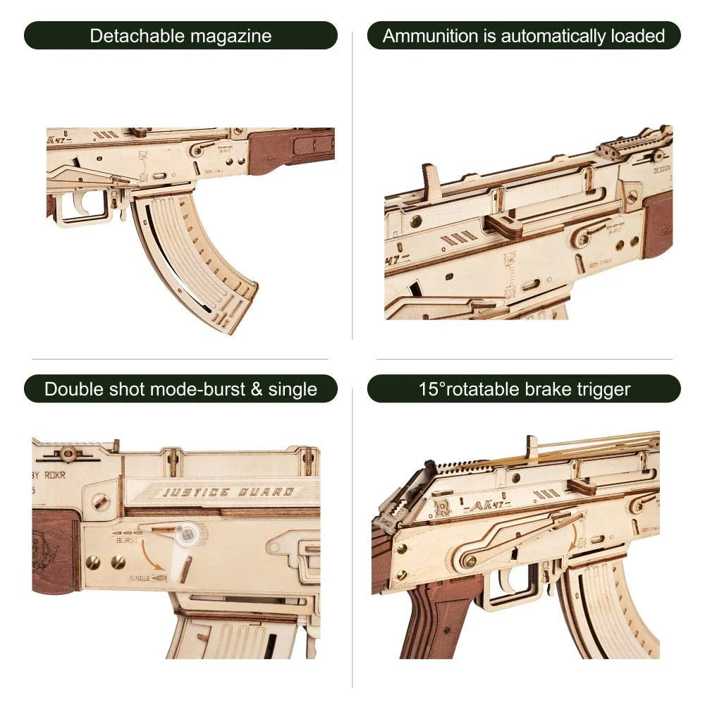 Authentic wooden AK-47 rifle replica with a dark wood grain finish, featuring a detachable magazine and dual firing modes for single-shot and continuous fire