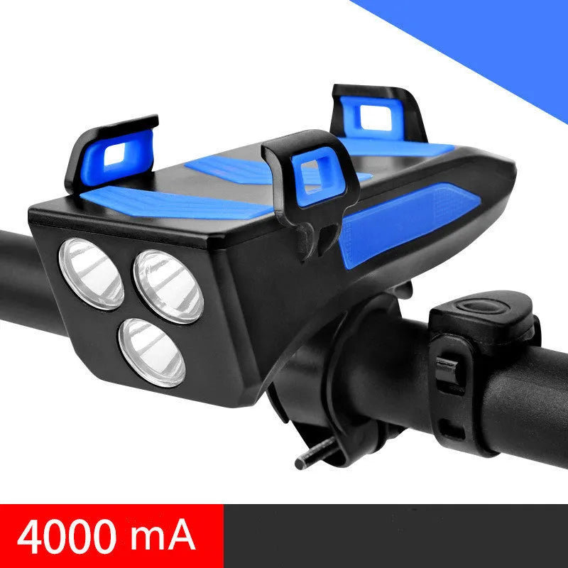 Multifunctional bicycle headlight phone holder with 130dB speaker and power bank, 8.2cm x 12.5cm ABS body
