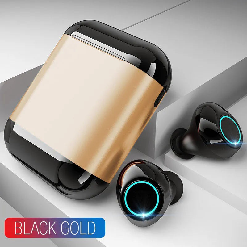 Black, Gold, and Light Grey TWS wireless Bluetooth earbuds with a charging case.