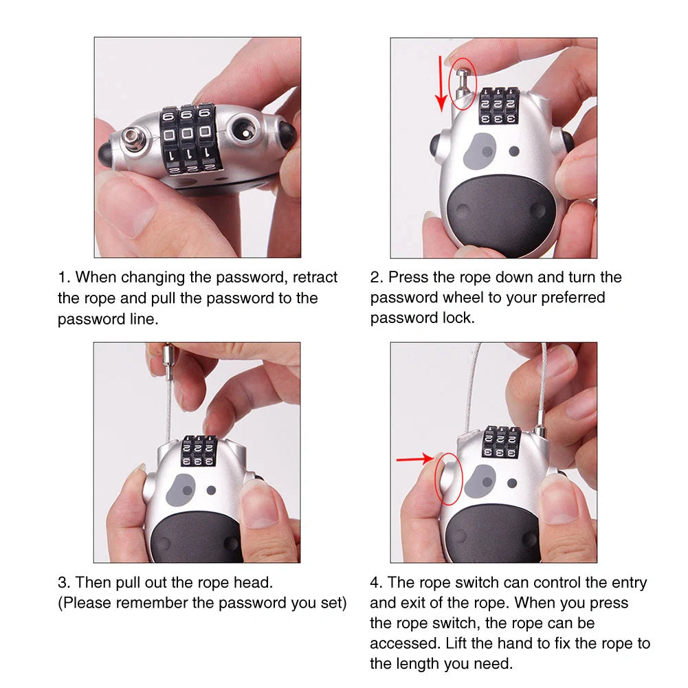 Cow telescopic wire rope lock in black and grey, zinc alloy construction, compact security solution