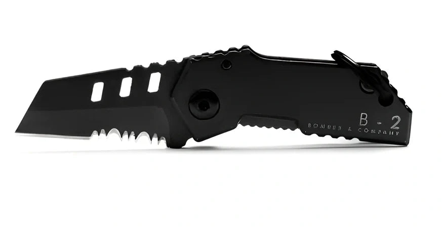Black pocket folding knife with serrated blade, shown open at 85mm length and closed at 5mm thickness