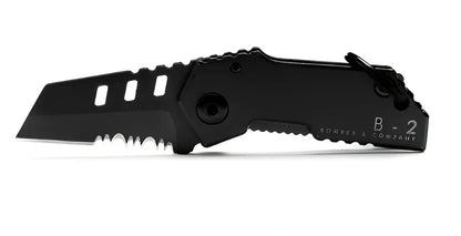 Black pocket folding knife with serrated blade, shown open at 85mm length and closed at 5mm thickness