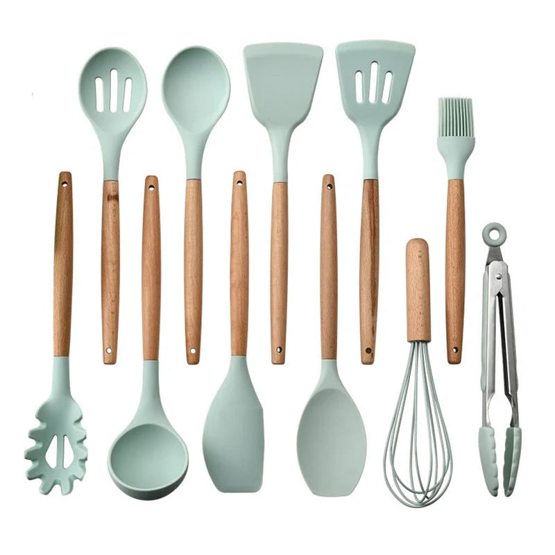 Premium silicone kitchenware set with wooden handle, ideal for cooking and baking